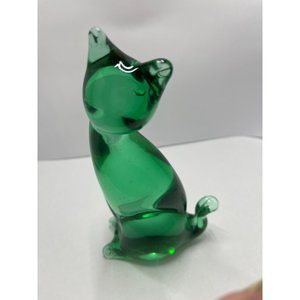 Murano Emerald Green Art Glass Cat Figurine Mid Century